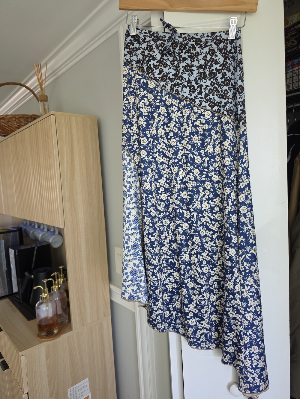 Philosophy Asymmetrical Floral Midi Skirt in Blue and White